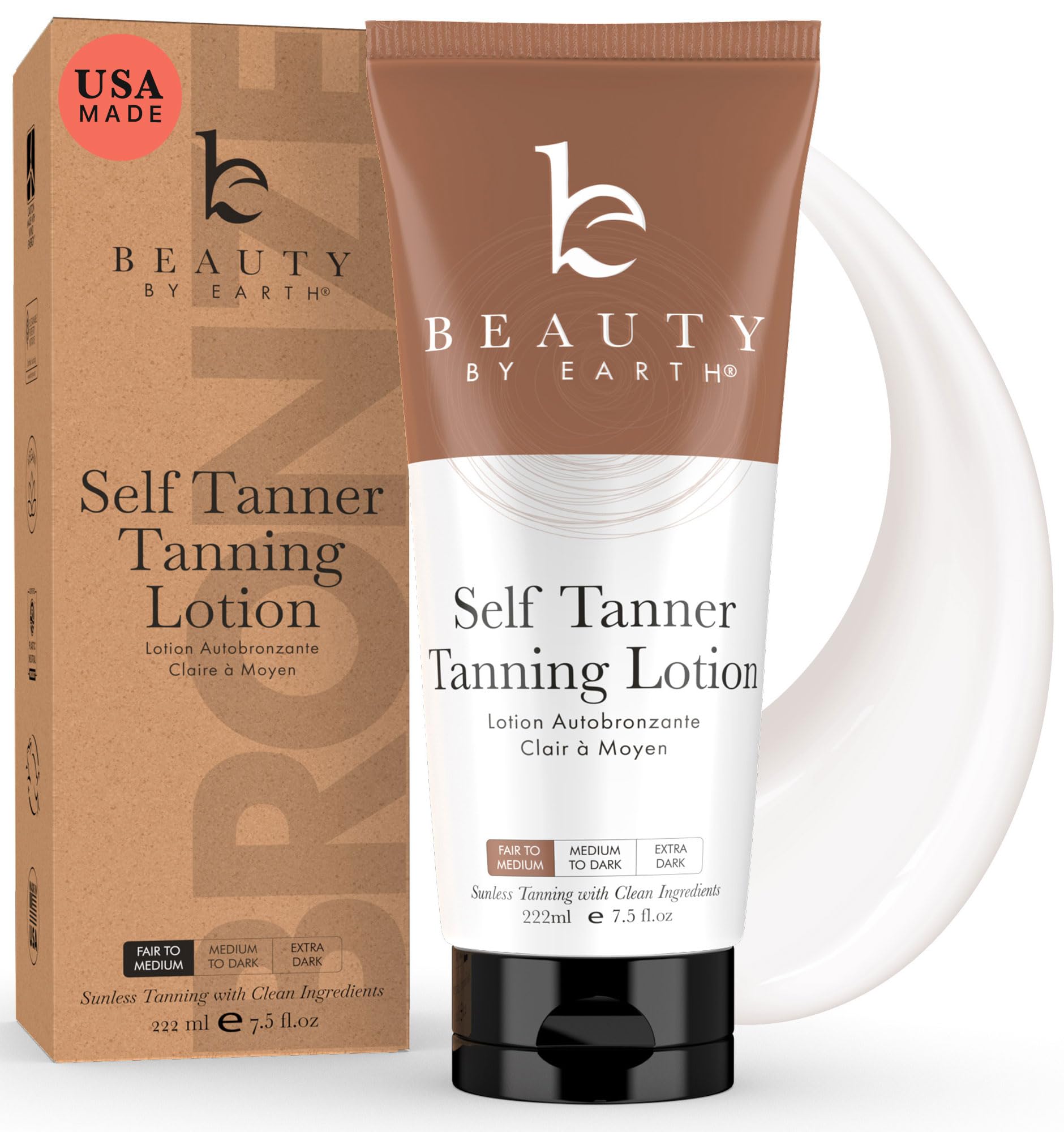 Beauty by Earth Self Tanner - USA Made with Natural & Organic Ingredients, Moisturizing Self Tanning Lotion with Aloe Vera & Coconut for a Natural Glow, Streak-Free Fake Tan, Medium to Dark