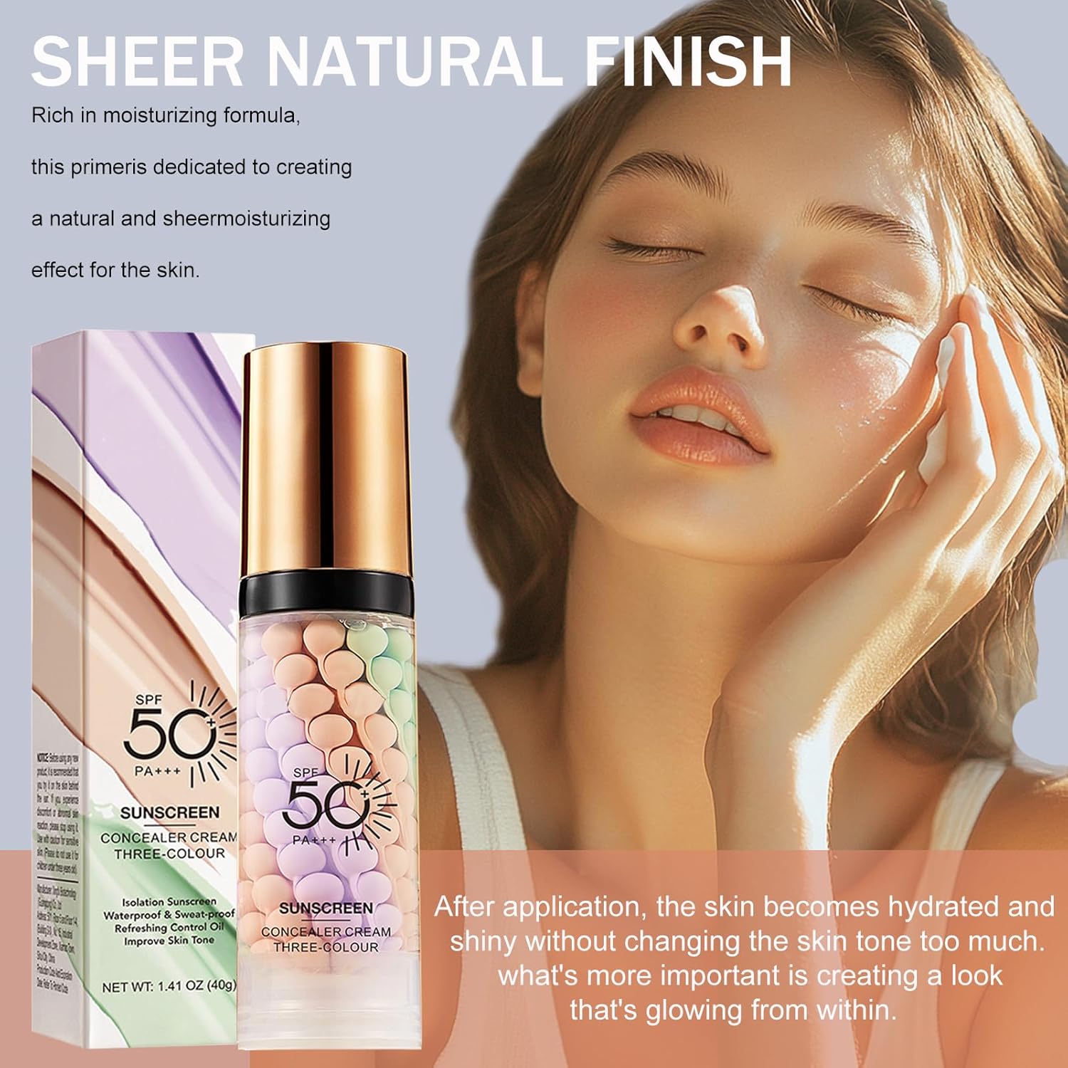 3 In 1Primer for Face Before Makeup,Sunscreen Isolation Cream, SPF 50, One Step Color Corrector Face Primer, Blurs Imperfections Oil Control & Moisturizing Skin Tone Correcting,Radiance Skin